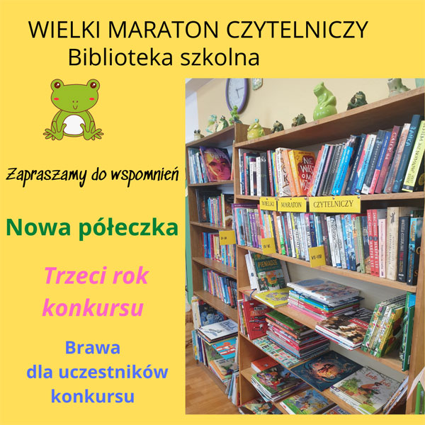 Plakat - czarny napis 'Wielki Maraton czytelniczy - nowa półeczka, zdjęcie półek z książkami'.