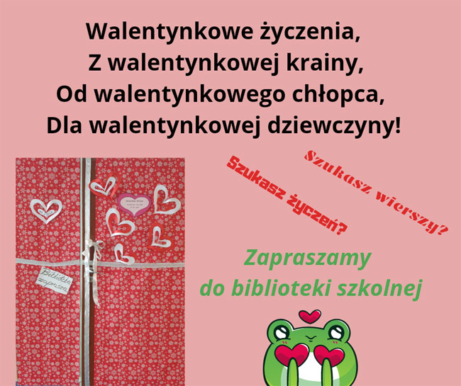 Plakat - różowe tło, czarne, zielone i czerwone napisy, zielona żaba i czerwone pudełko przewiązane wstążeczką.