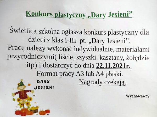 Plakat dotyczący konkursu plastycznego 'Dary jesieni'.