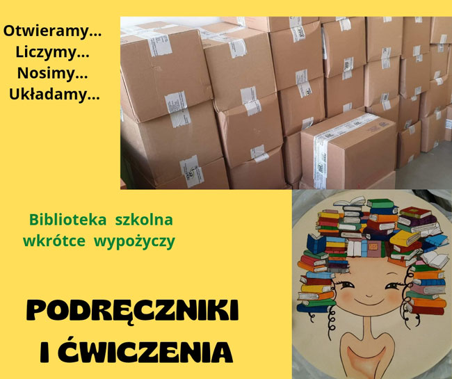 Żółte tło, czarne i zielone napisy, zdjęcie paczek z książkami, grafika - dziewczynka z włosami z książek.