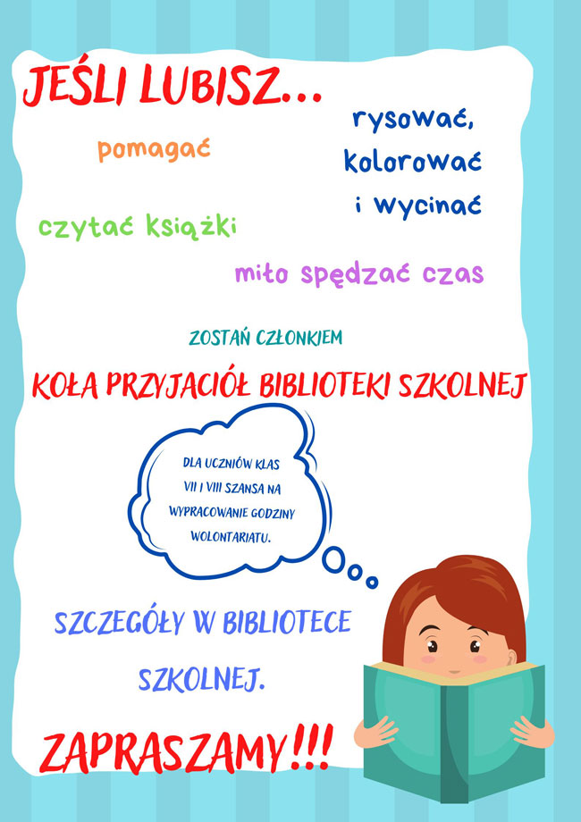 Niebieska ramka, białe tło, czerwone, niebieskie, pomarańczowe, zielone i fioletowe napisy, grafika przedstawiająca dziewczynkę czytającą książkę.