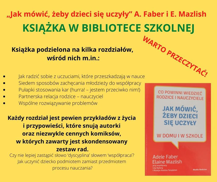 Żółte tło, granatowe, czerwone i zielone napisy, Okładka książki Jak mówić, żeby dzieci się uczyły?, obok krótka recenzja książki