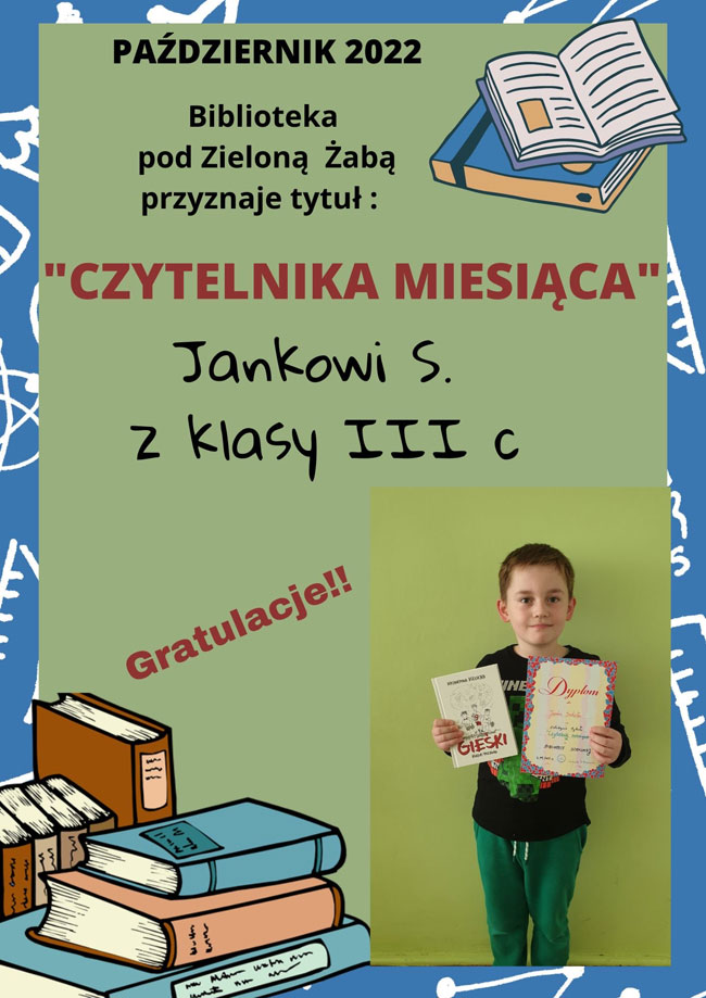 Plakat - zielone tło, czarne i czerwone napisy, zdjęcie chłopca trzymającego dyplom i książkę, grafiki przedstawiające książki.