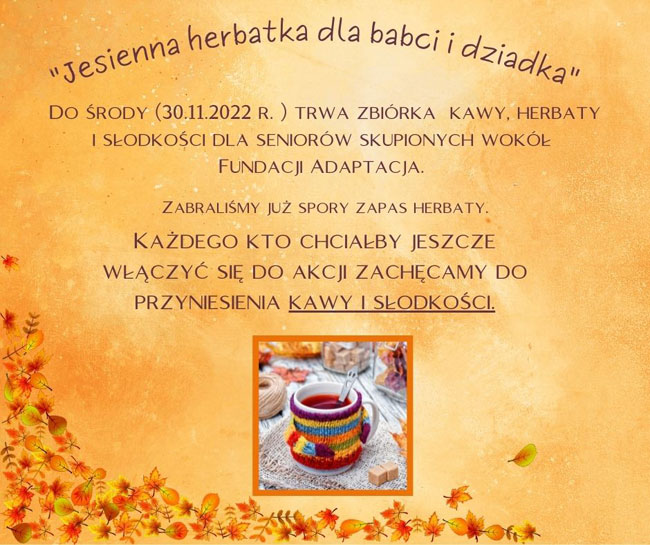 Plakat - żółte tło, czarne litery, grafika: filiżanka z herbatą, jesienne liście.