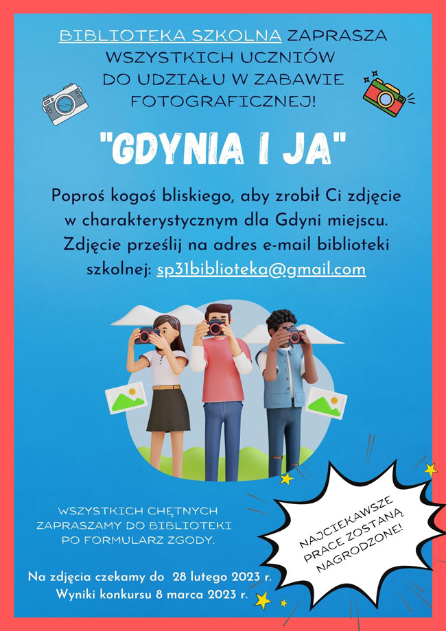 Plakat - czerwona ramka, niebieskie tło, białe i czarne napisy, grafika: dwa aparaty fotograficzne, dzieci z aparatami fotograficznymi.