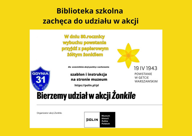 Plakat - szeroka żółta ramka, białe tło, czarne i żółte napisy, grafika: żonkil, tarcza szkolna.