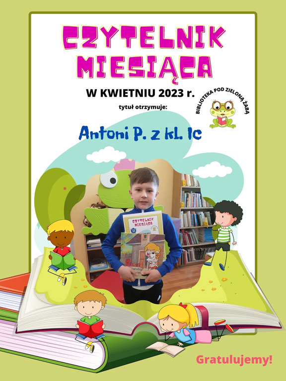 Plakat - jasnozielone tło, niebieskie, czarne i fuksjowe napisy, grafika: żaba, książki, regały z książkami; zdjęcie chłopca.