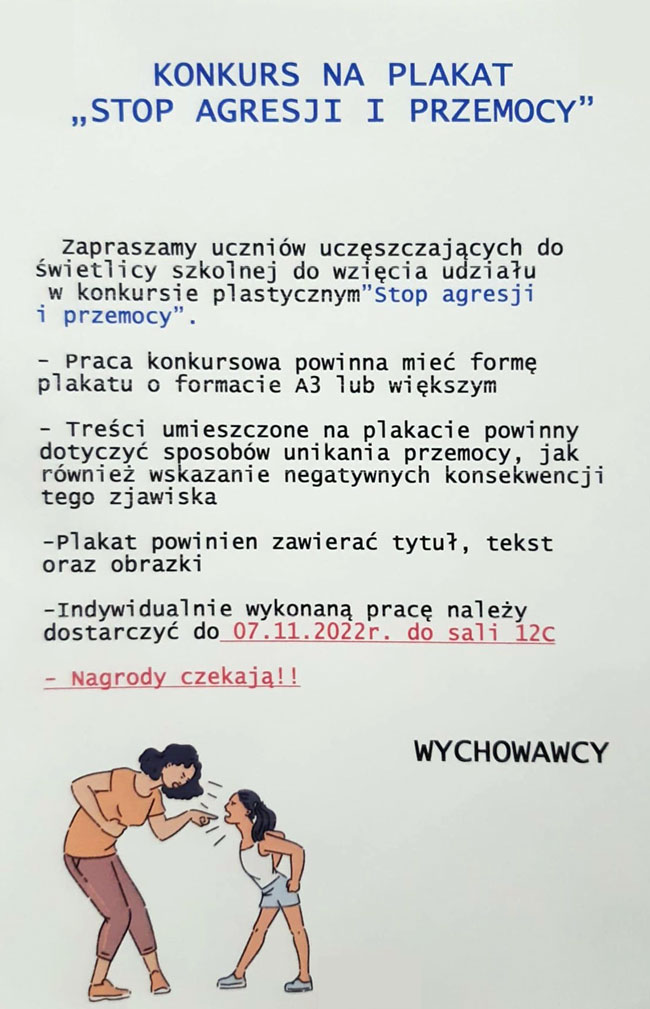 Plakat - seledynowe tło, niebieskie, czarne i czerwone napisy, sylwetki kłócących się dwóch kobiet.