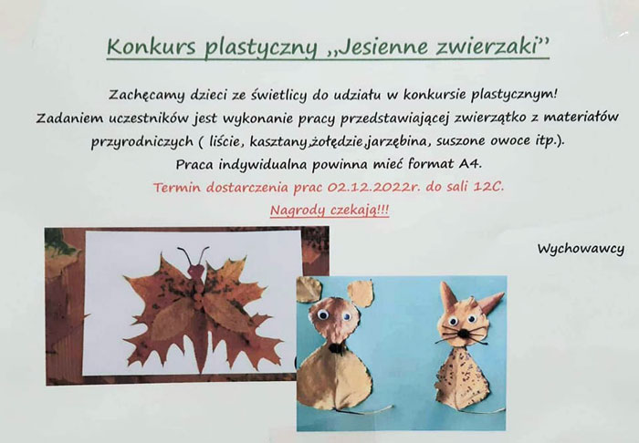 Plakat - seledynowe tło, zielone, czerwone i czarne litery, dwie kompozycje z liści.