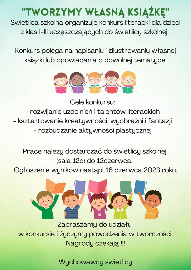 Plakat - niebiesko-biało-zielone tło, zielone i czarne napisy, grafika: dzieci trzymające książki.