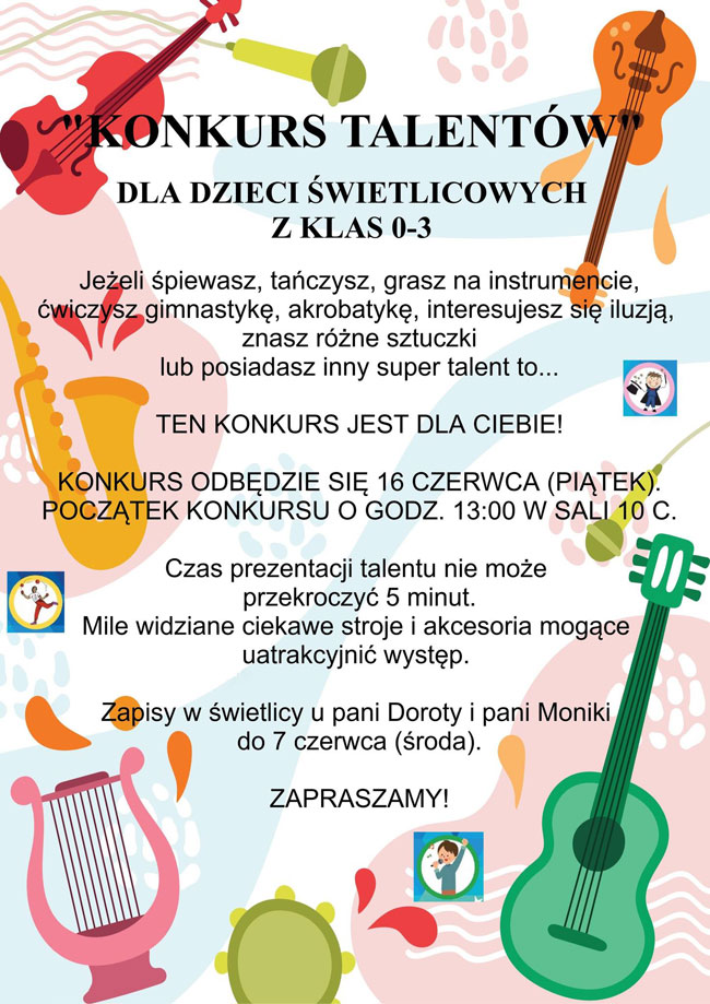 Plakat - czarne napisy, grafika: czerwona, pomarańczowa i zielona gitara, różowa lira, żółty puzon.