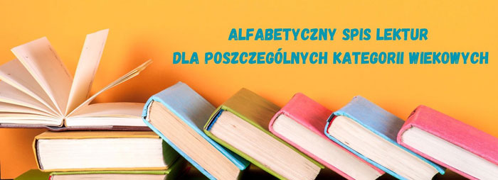 , turkusowe napisy, grafika: książki ułożone w linii poziomej.