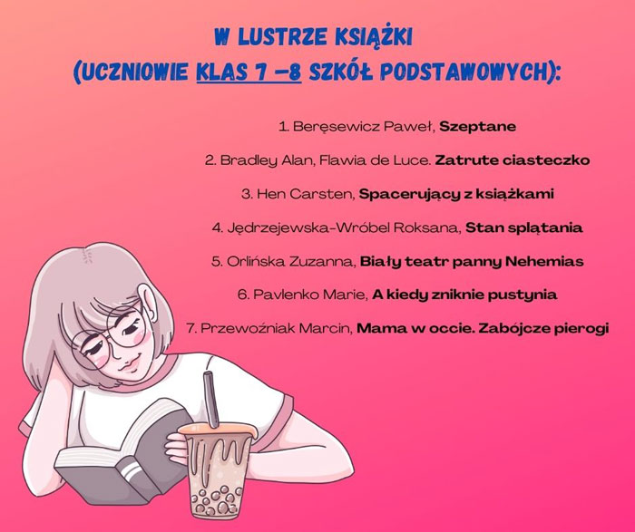 Amarantowe tło, niebieskie i czarne napisy, grafika: dziewczynka, która czyta książkę.