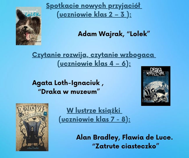 Niebieskie tło, czarne i niebieskie napisy, trzy okładki książek.