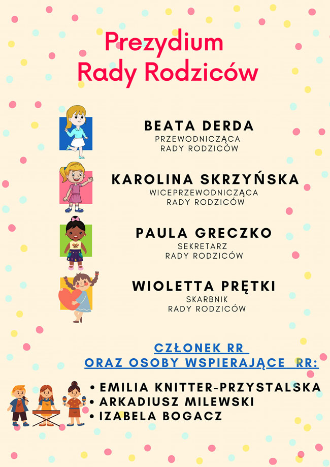 Jasnożółte tło, kolorowe kropki, różowe, niebieskie i czarne napisy, grafika: 4 dziewczynki.