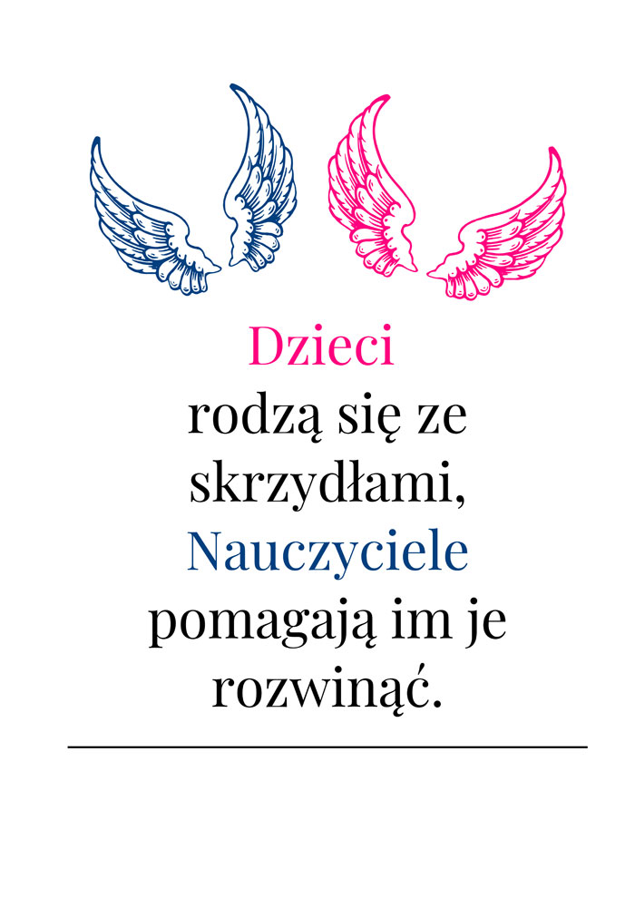 Plakat - białe tło, czarne napisy, grafika: różowe i niebieski skrzydła.