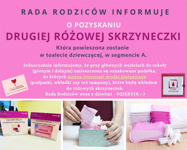 Plakat - różowe tło, czarne, białe, żółte i amarantowe napisy, grafika: różowe skrzyneczki, podpaski.