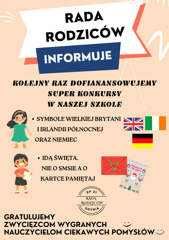 Plakat - beżowe tło, czarne i białe napisy, grafika: czerwona koperta, dziewczynka, chłopiec, flagi: Niemiec, Wielkiej Brytanii, Irlandii.