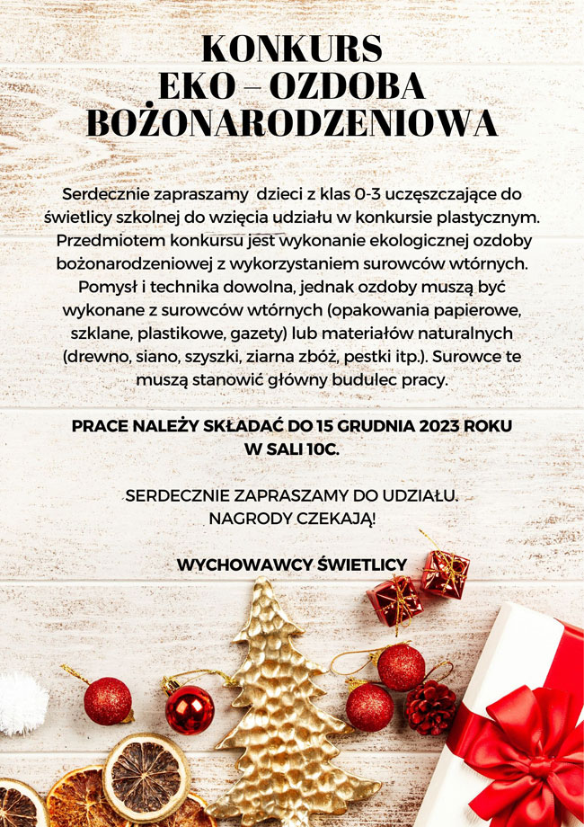 Plakat - słomkowe tło, czarne napisy, grafika: choinka, czerwone bombki, plasterki pomarańczy.