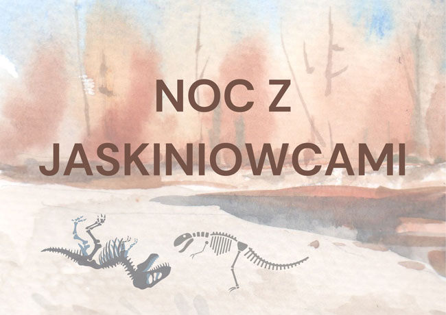 Plakat - beżowe tło, czarne litery, dwa brązowe szkielety dinozaurów.