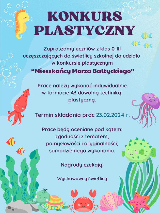 Plakat - jasnoniebieskie tło, fioletowe litery, grafika: ośmiornica, wodorosty, krab, ryby, konik morski.