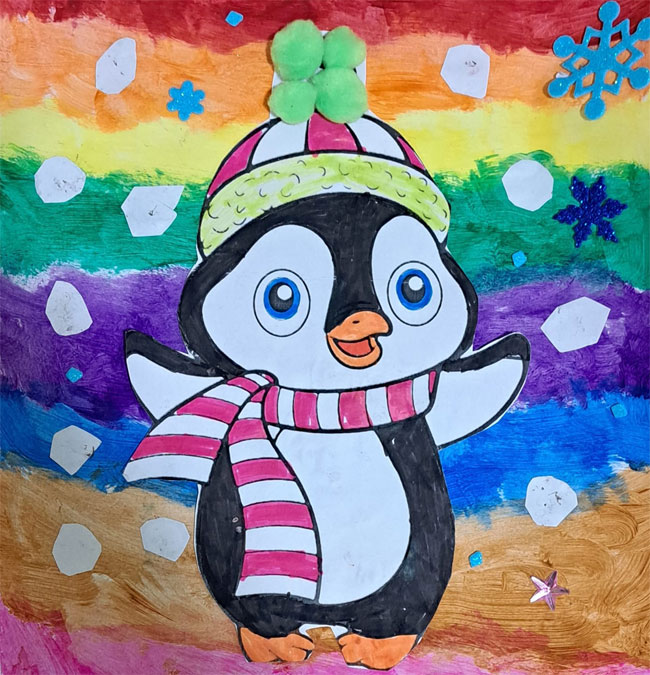 Praca dziecka - pingwinek na kolorowym tle.